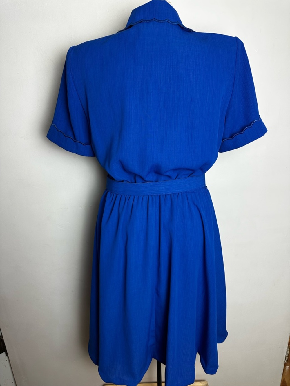 Vintage 80s Leslie Fay Blue Midi Dress with Belt Women's Size 10 Petite Stretch - Picture 5 of 12